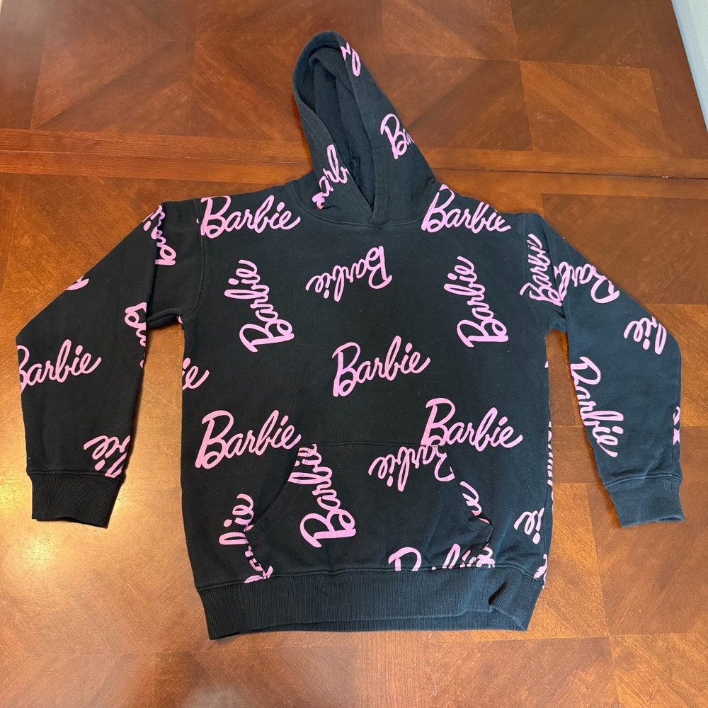 Barbie Hoodie Girls 13/14 Black Pink Logo All Over Print Pullover Sweatshirt
